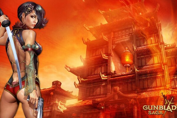 The girl from gunblade saga against the background of the Chinese citadel