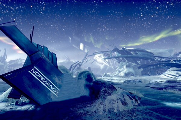 The wreck of the ship Normandy on the space snow planet