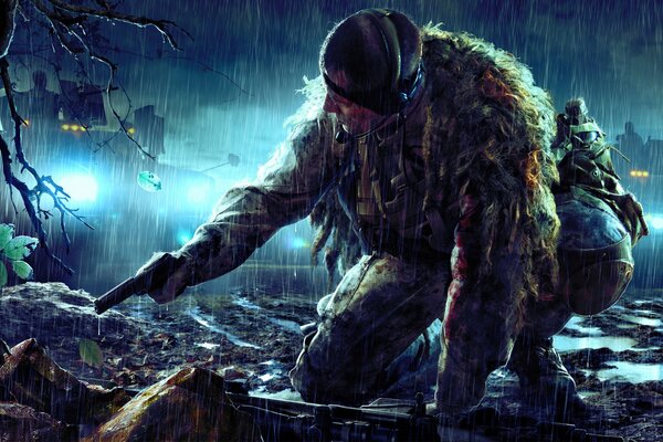 Sniper ghost warrior 2 est assis dans une embuscade sous la pluie