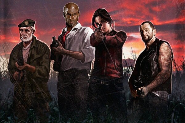 The main characters of the game left 4 dead standing in the field