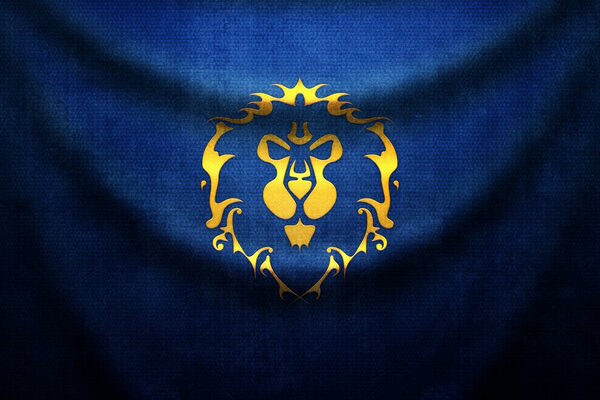 Niebieska flaga, obraz lwa, pysk lwa złoty lew