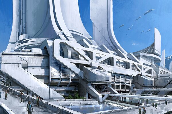 Mass effect 3, arte conceptual, ciudad, thessia, montañas, torres