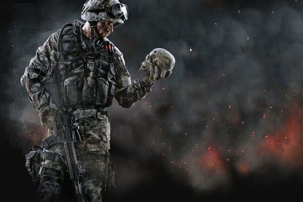A warface soldier with a rifle and a skull