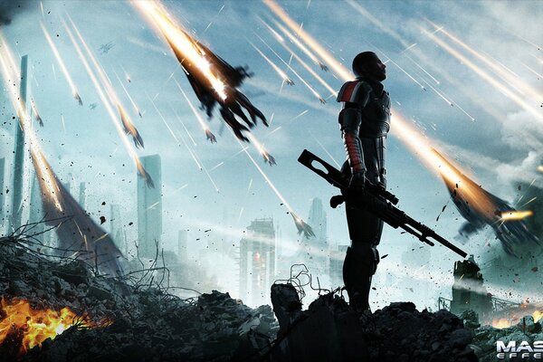 A man with a rifle on the background of falling spaceships