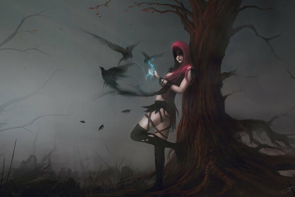 Cartoon, girl with red hair, forest, crows, fantasy