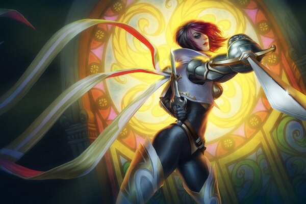 Fiora girl from League of Legends on the background of a stained glass window in steel armor