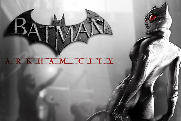 Catwoman, znak Batmana, czerwony napis