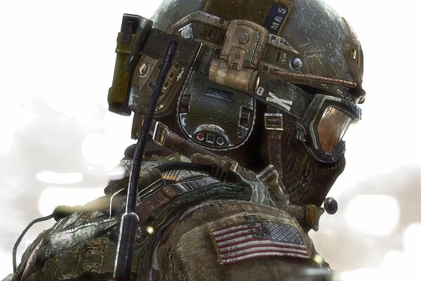 Soldat dans le casque avec le drapeau américain du jeu Modern warfar 3