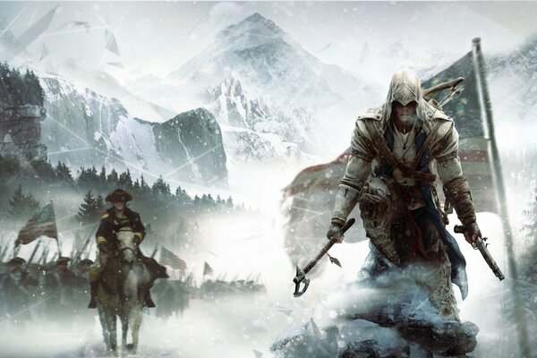 Assassin s Creed against the backdrop of a mountain landscape