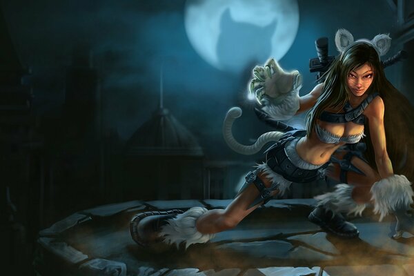 A painted girl in a kitty costume against the background of the moon and the town