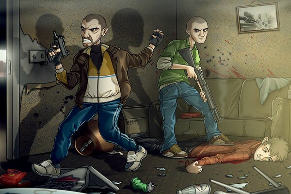 La raza de dibujos animados en GTA 4 donde nico y Patrick con armas están en la habitación