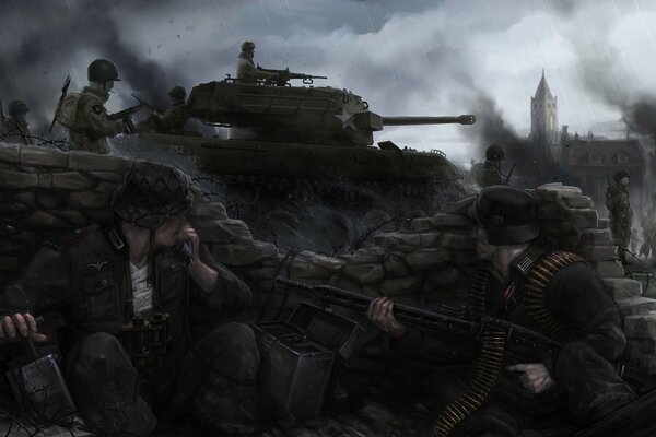 Soldados en cascos y con armas mirando un tanque