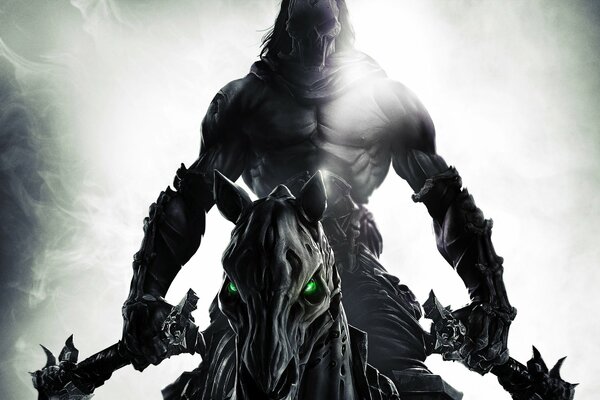 A character from the game Darksiders rides a horse