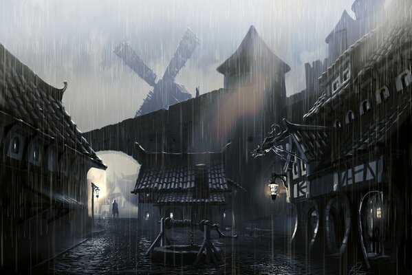 Pluvieux, avec des lanternes scintillantes, une ville fabuleuse