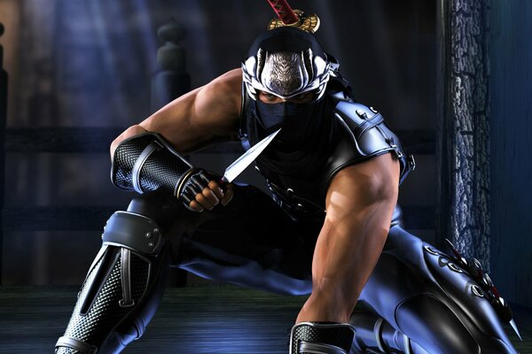 Guerriero ninja con una spada dietro la schiena e un coltello