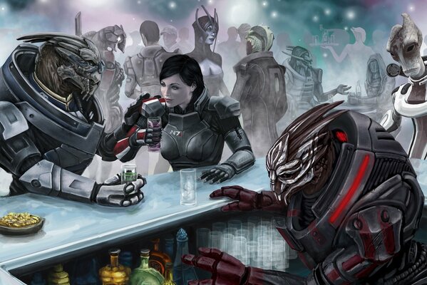 Commander Shepard, Vakariana and Garrus with a drink