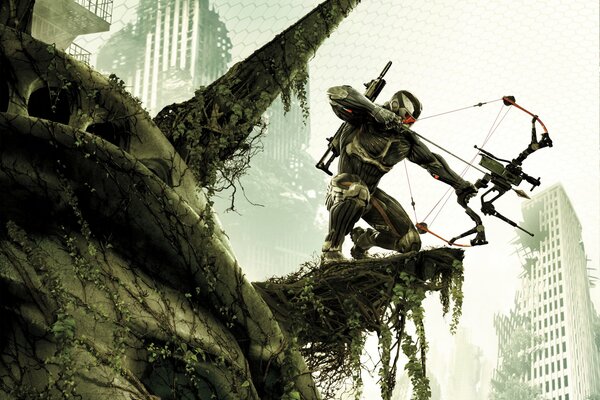 Crysis 3 Shooter von crytek Soldat im Nanoanzug vor dem Hintergrund einer zerstörten Stadt