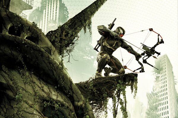 Shooter crysis 3 de Crytek soldados en un nanotraje en el fondo de una ciudad en ruinas