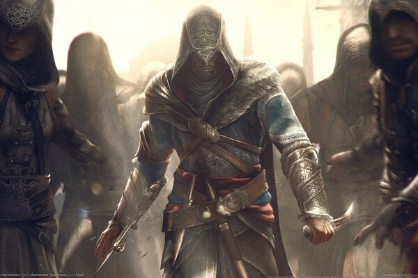 A character in the game assassin s creed holding a knife in his hand