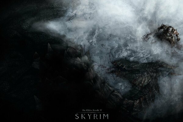 Affiche du jeu Skyrim avec guerrier et dragon