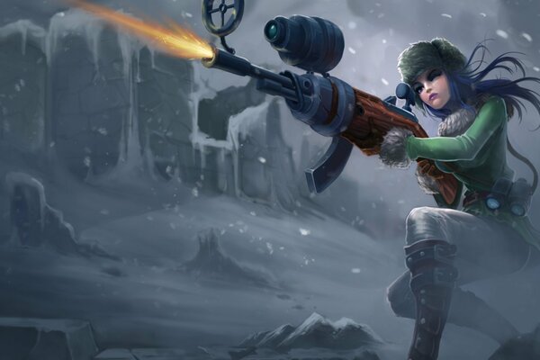 A girl in the League of Legends with a gun shoots at the winter canyon