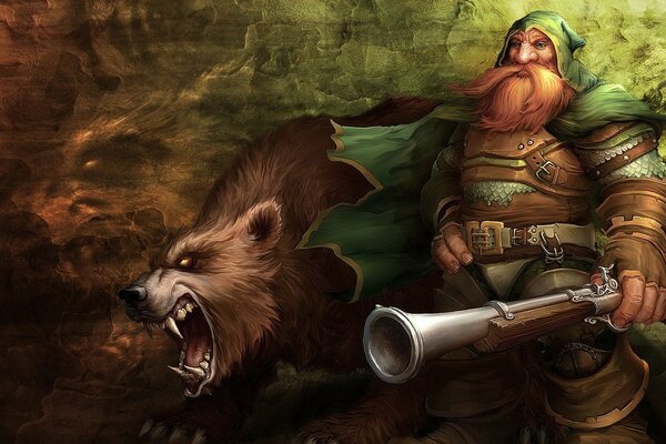 A dwarf with a gun and a bear with bared fangs