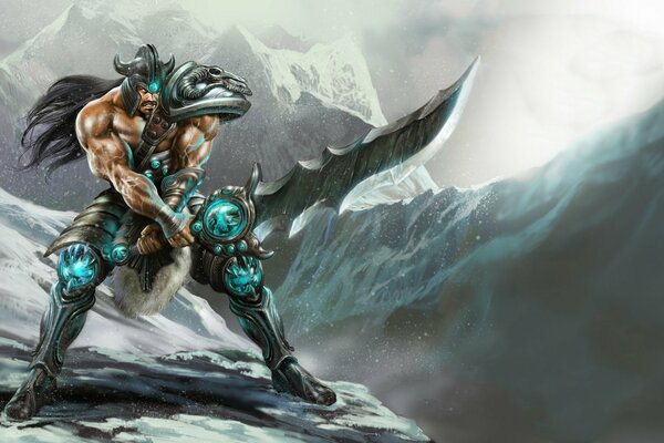 Воин из Лиги Легенд с мечом на фоне горного хребта