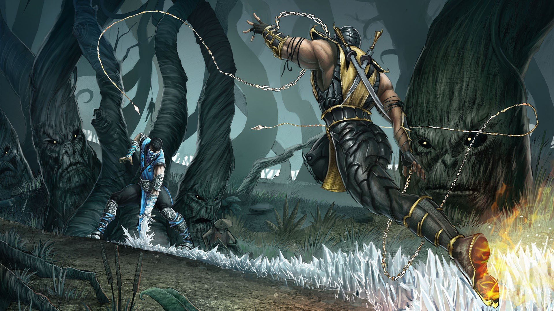 mortal kombat sub zero scorpione foresta lotta