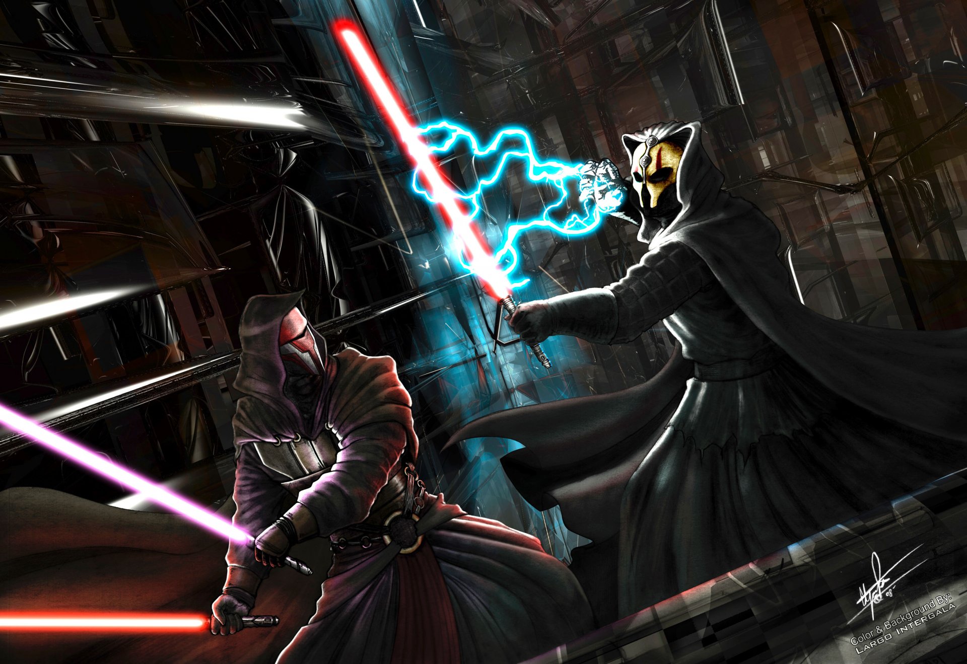 tar wars knights of the old republic darth revan darth nihilus battle of the sith lightsabers masks lightning art