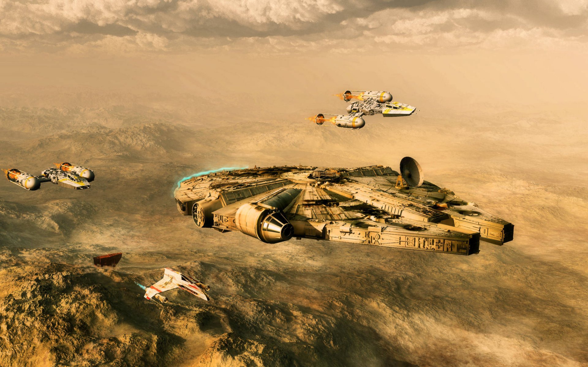 star wars millenium falcon vaisseau spatial désert planète avions de combat