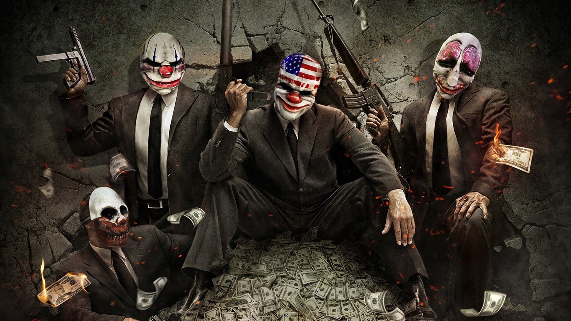 payday the heist clowns voleurs argent dollars masques automates