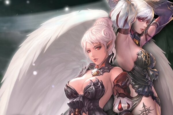 Two cartoon beautiful girls in armor with wings