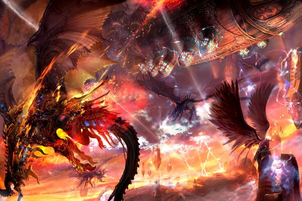 Kampf in der Hölle der fliegenden Drachen vor dem Hintergrund der Feuerblitze