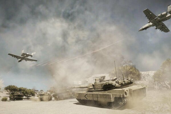Battle in the desert with planes and tanks from the game Bad company 2