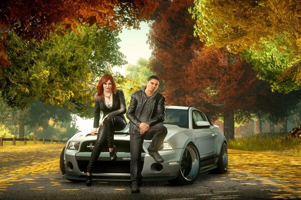 Pareja en un Ford Mustang, look de otoño