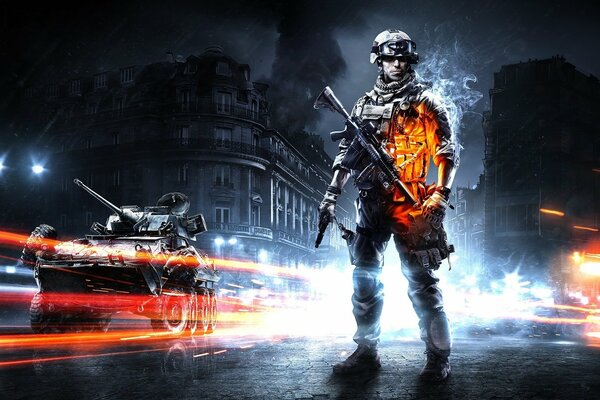 El arte del juego battlefield 3 con un soldado y una técnica