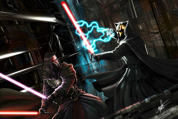 The fight of two warriors on lightsabers