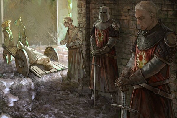 Knights in the Witcher say goodbye to a friend on the street