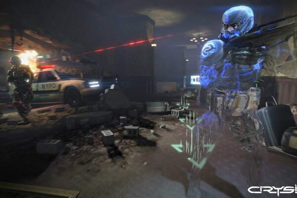 Crysis 2 blue nanosuit near a police car