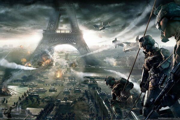 Charaktere des Spiels kämpfen auf dem Hintergrund des Eiffelturms