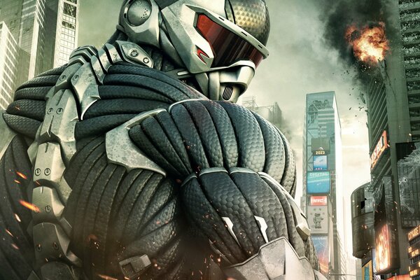 Crysis 2 робот на фоне горящего города