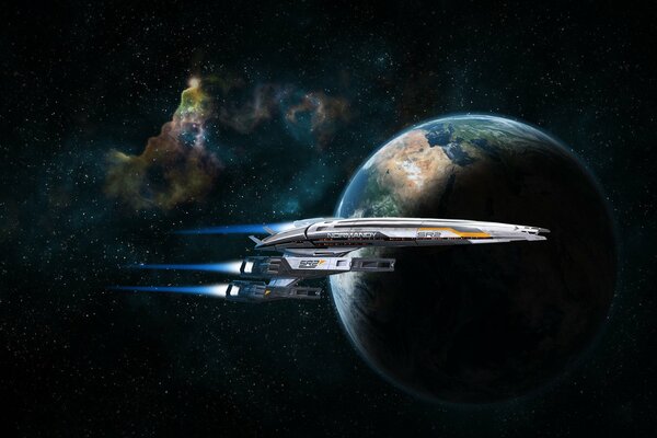 Spaceship on the background of the earth from mass effect