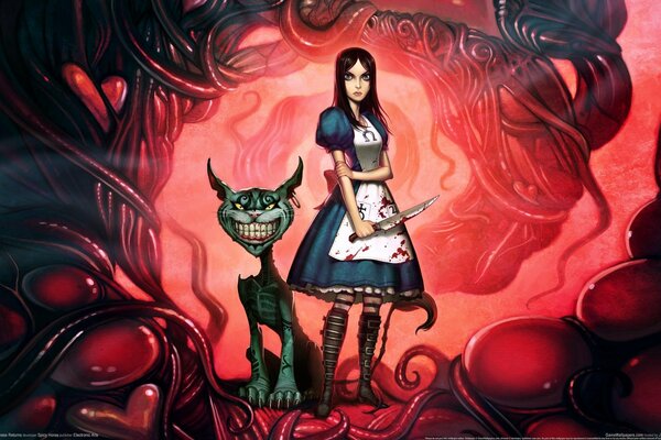 Dessin animé Alice avec le chat du Cheshire