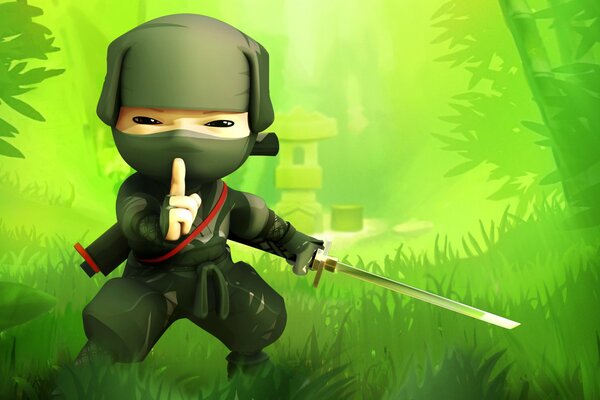 On the green juicy grass mini ninja with a sword
