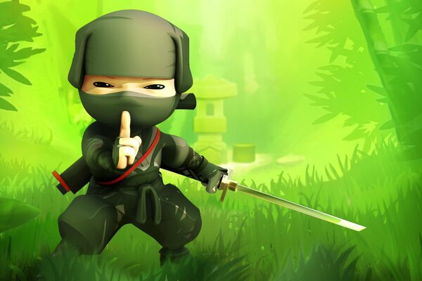 Sull erba verde succosa mini ninja con la spada