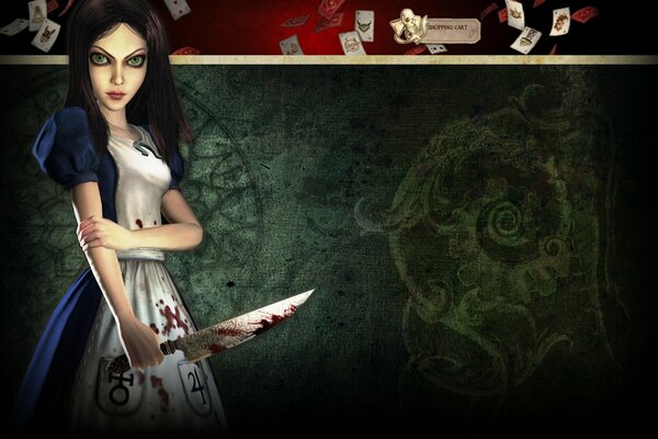 Cute fairy-tale girl with big eyes and a bloody knife in her hands