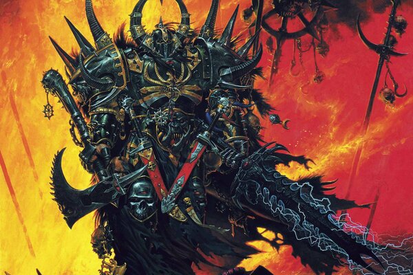 Guerrier fantastique effrayant avec une hache de Warhammer