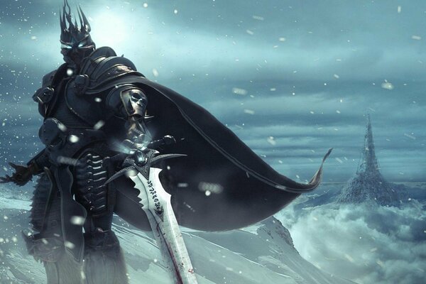 Mystischer Krieger mit Schwert auf verschneitem Hintergrund