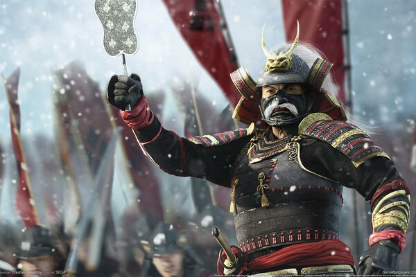 Personaggio del gioco Shogun prima della battaglia in inverno