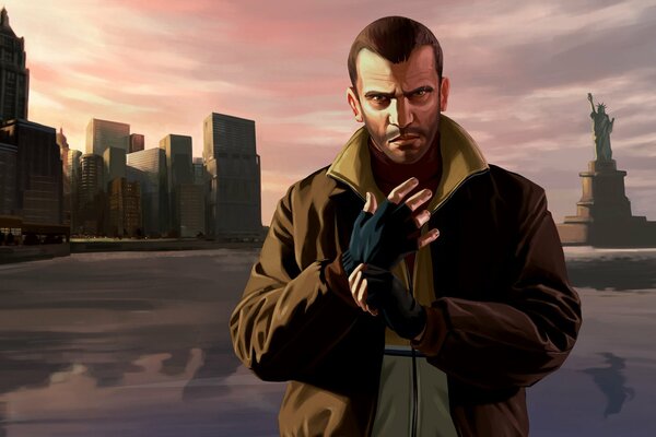 Niko puts on a glove against the background of the city from GTA 4